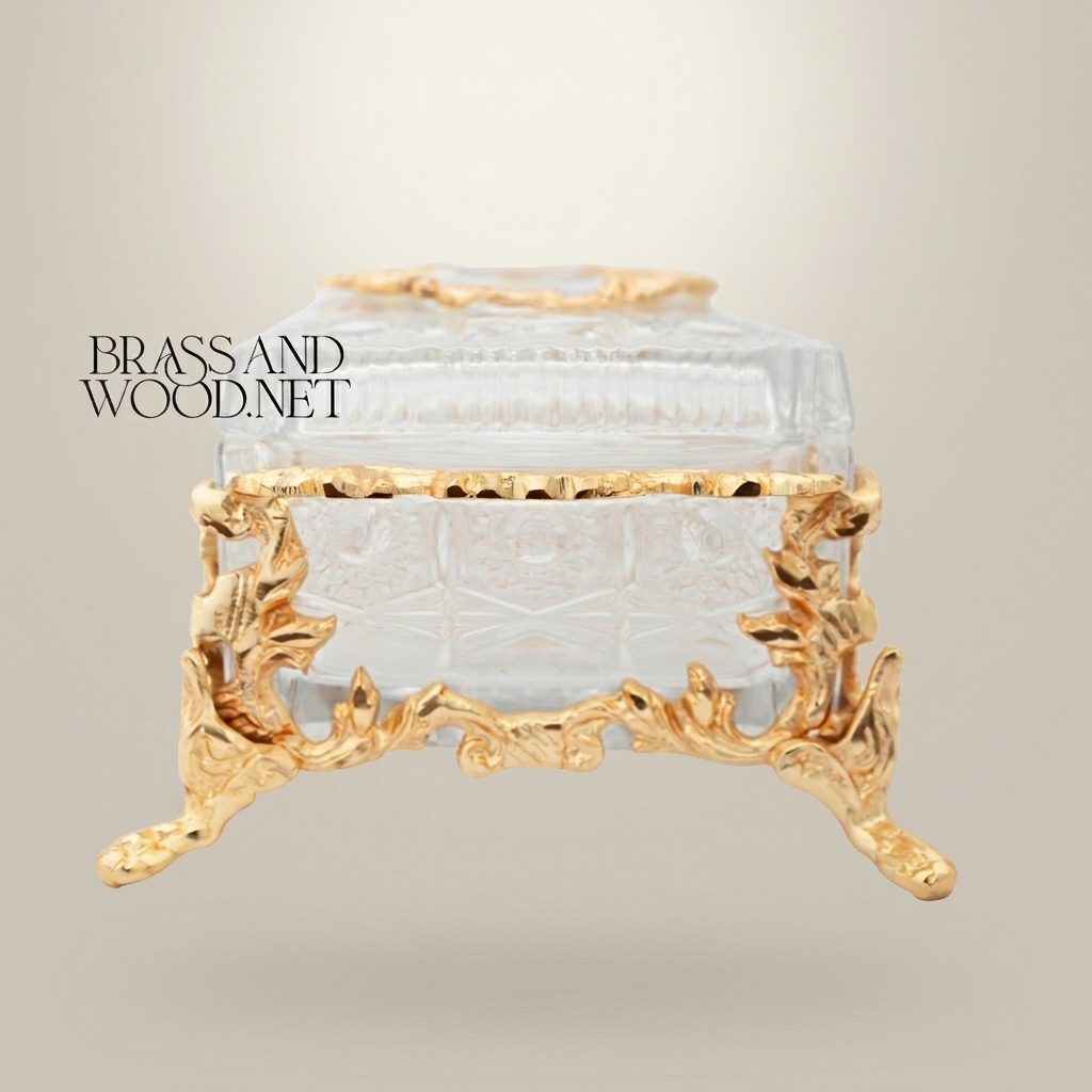 Rococo Crystal Tissue Box with Ornate Brass Acanthus Frame & Scroll Feet — Gold