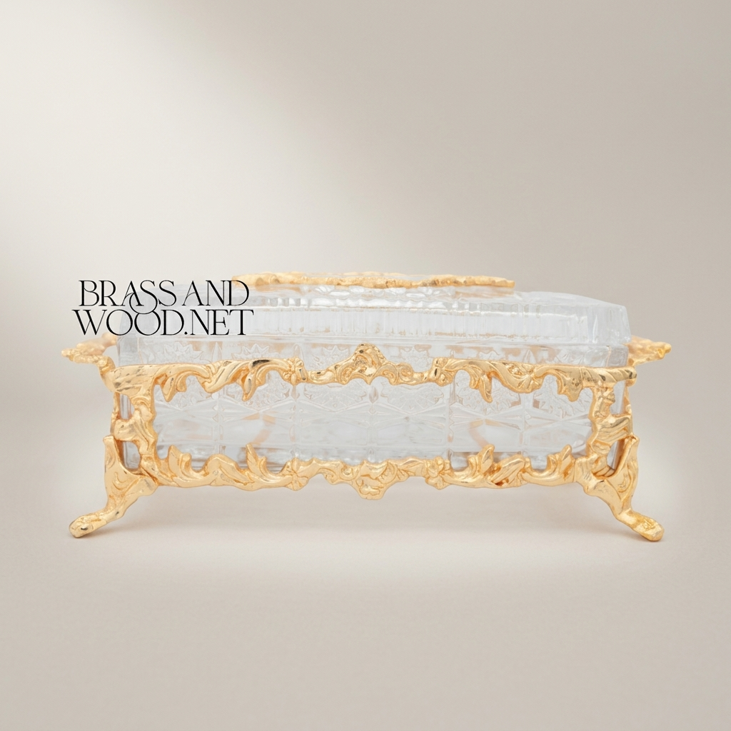 Rococo Crystal Tissue Box with Ornate Brass Acanthus Frame & Scroll Feet