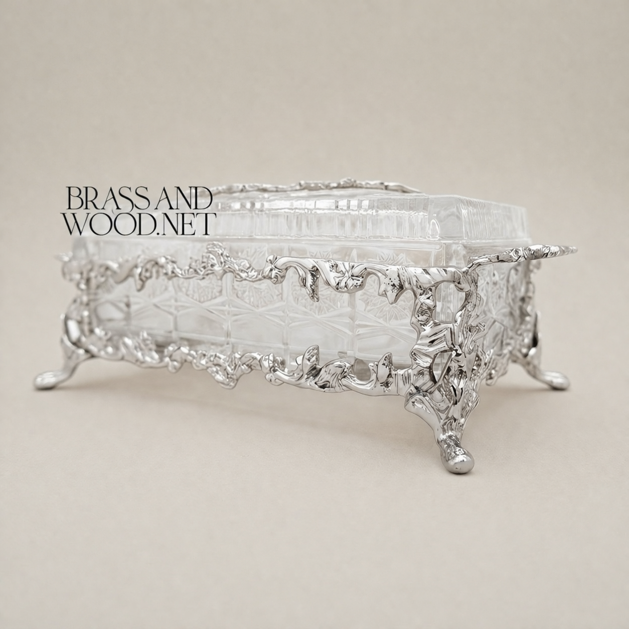 Rococo Crystal Tissue Box with Ornate Brass Acanthus Frame & Scroll Feet — Silver