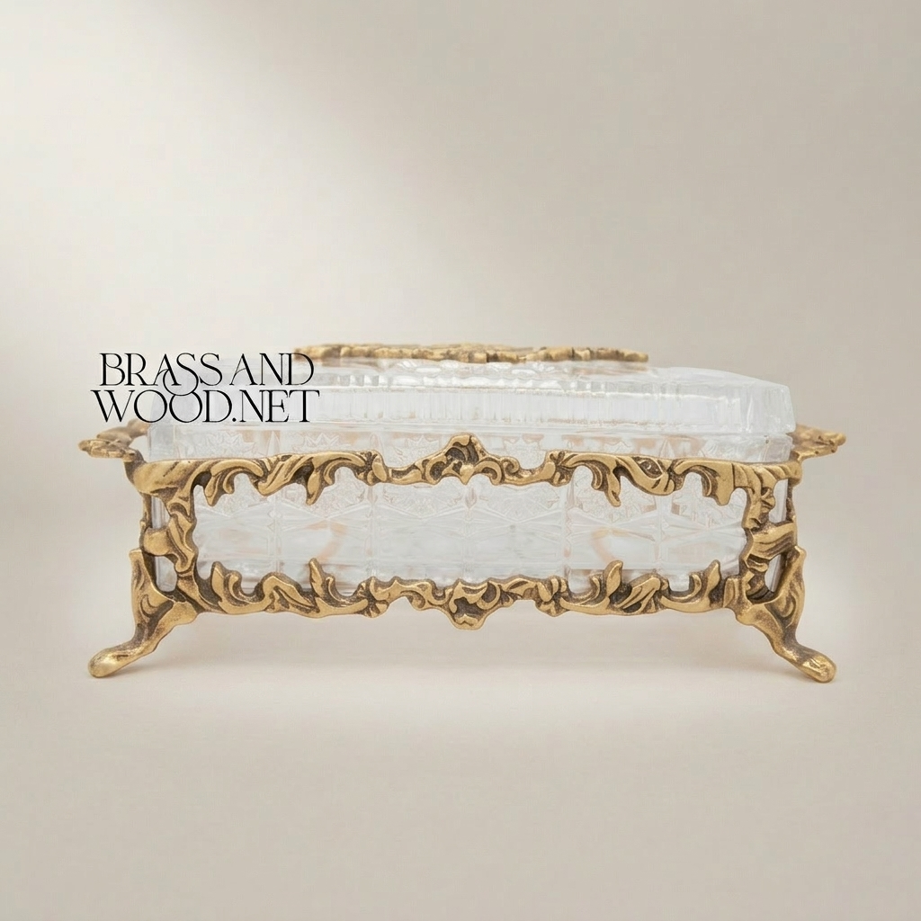 Rococo Crystal Tissue Box with Ornate Brass Acanthus Frame & Scroll Feet — Antique Gold