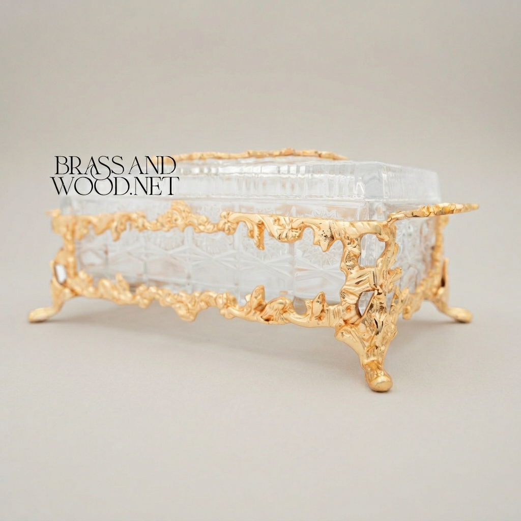 Rococo Crystal Tissue Box with Ornate Brass Acanthus Frame & Scroll Feet — Gold