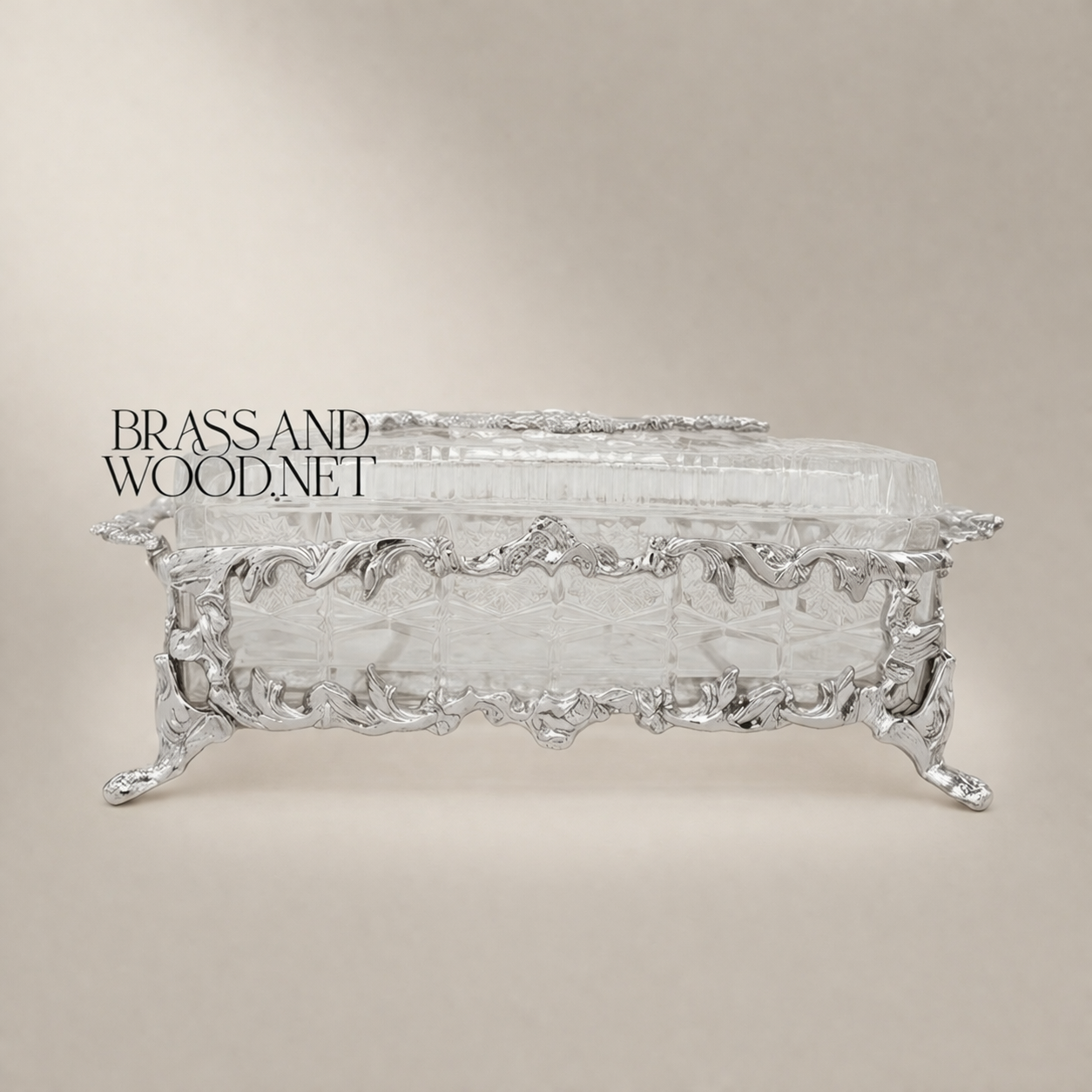 Rococo Crystal Tissue Box with Ornate Brass Acanthus Frame & Scroll Feet — Silver