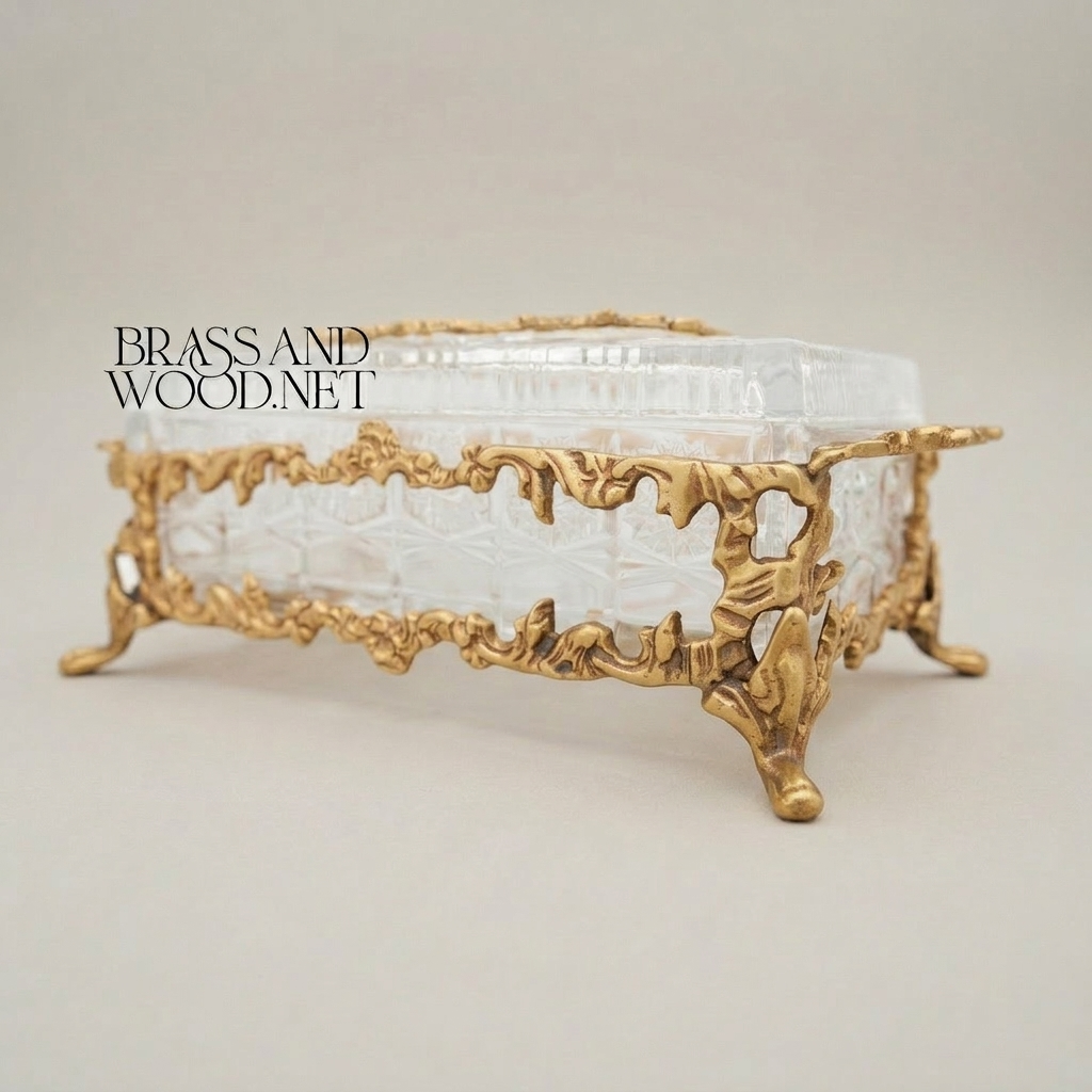 Rococo Crystal Tissue Box with Ornate Brass Acanthus Frame & Scroll Feet — Antique Gold