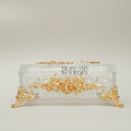 Rococo Crystal Tissue Box with Sculpted Floral Metal Frame & Scroll Feet — Gold