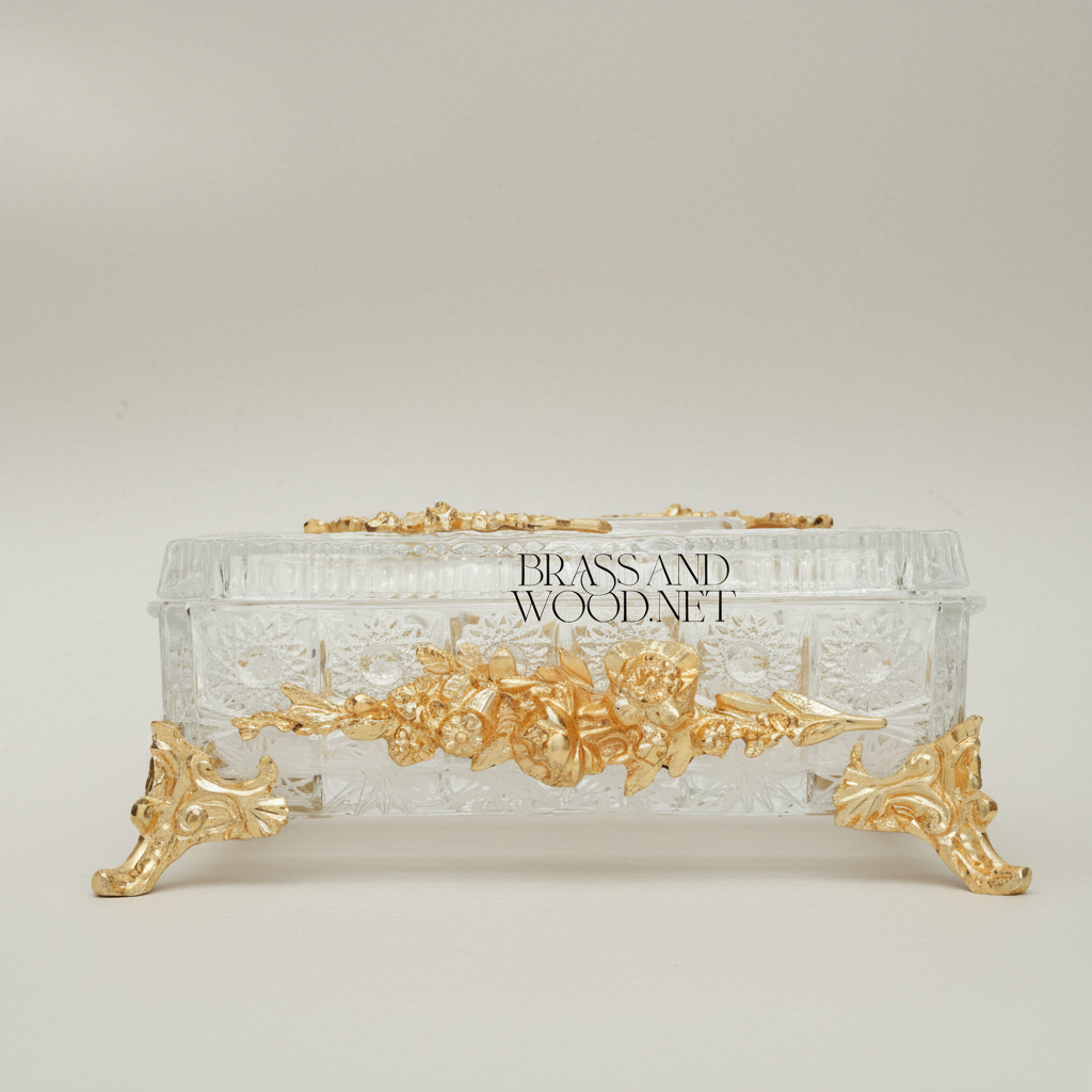 Rococo Crystal Tissue Box with Sculpted Floral Metal Frame & Scroll Feet — Gold