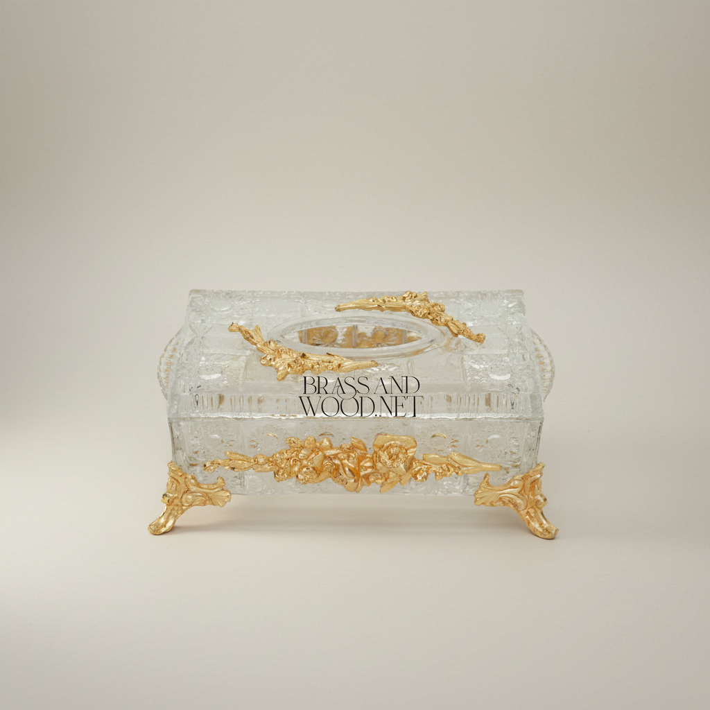 Rococo Crystal Tissue Box with Sculpted Floral Metal Frame & Scroll Feet — Gold