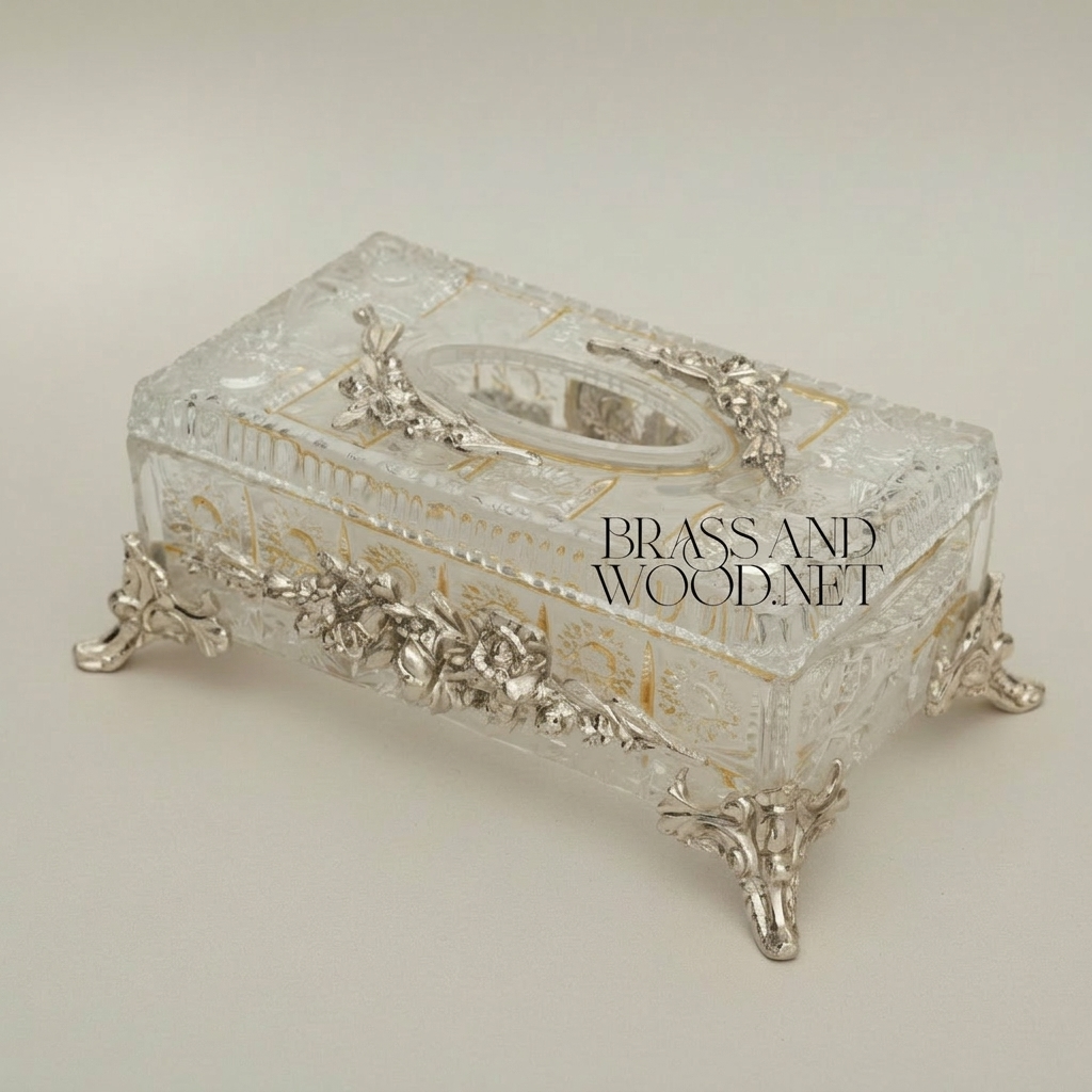 Rococo Crystal Tissue Box with Sculpted Floral Metal Frame & Scroll Feet — Silver