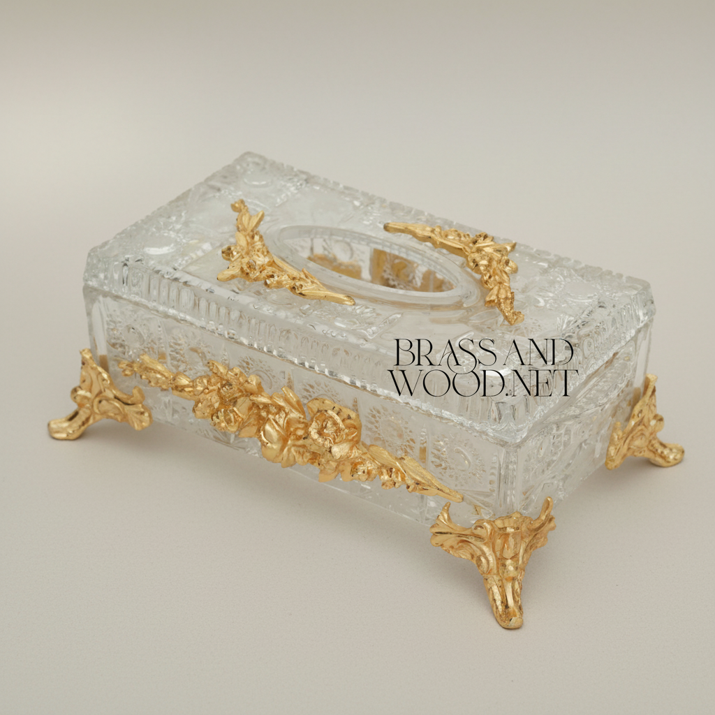 Rococo Crystal Tissue Box with Sculpted Floral Metal Frame & Scroll Feet — Gold