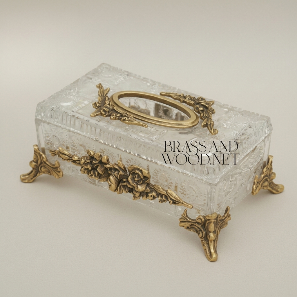Rococo Crystal Tissue Box with Sculpted Floral Metal Frame & Scroll Feet — Antique Gold