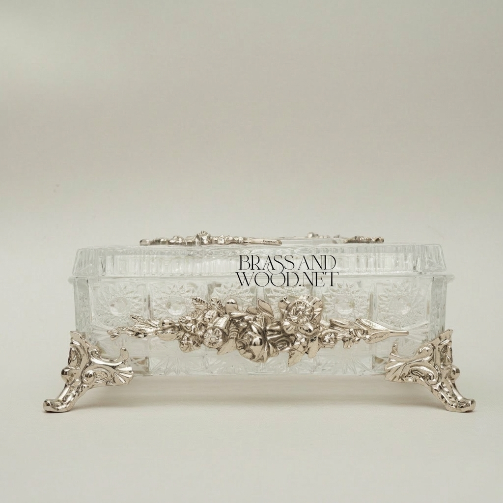 Rococo Crystal Tissue Box with Sculpted Floral Metal Frame & Scroll Feet — Silver