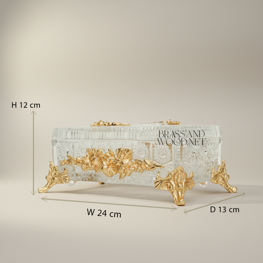 Rococo Crystal Tissue Box with Sculpted Floral Metal Frame & Scroll Feet — Gold