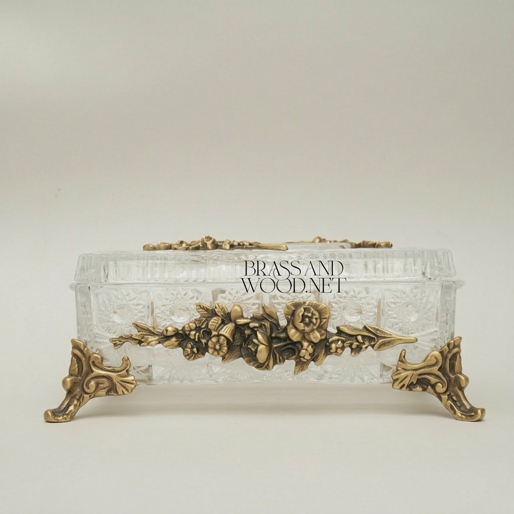 Rococo Crystal Tissue Box with Sculpted Floral Metal Frame & Scroll Feet — Antique Gold