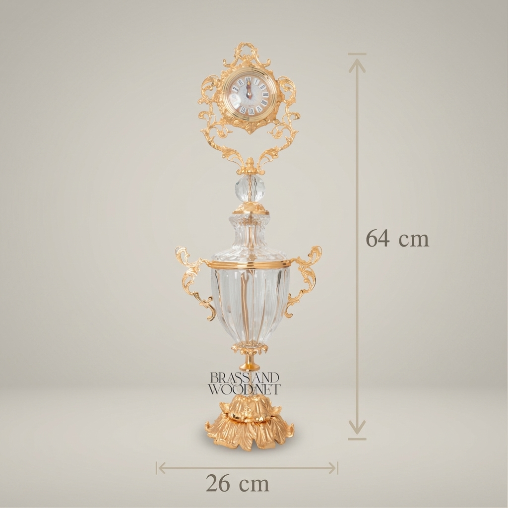 Rococo Crystal Urn Stand Clock with Acanthus Brass Frame & Faceted Crystal Body — Gold