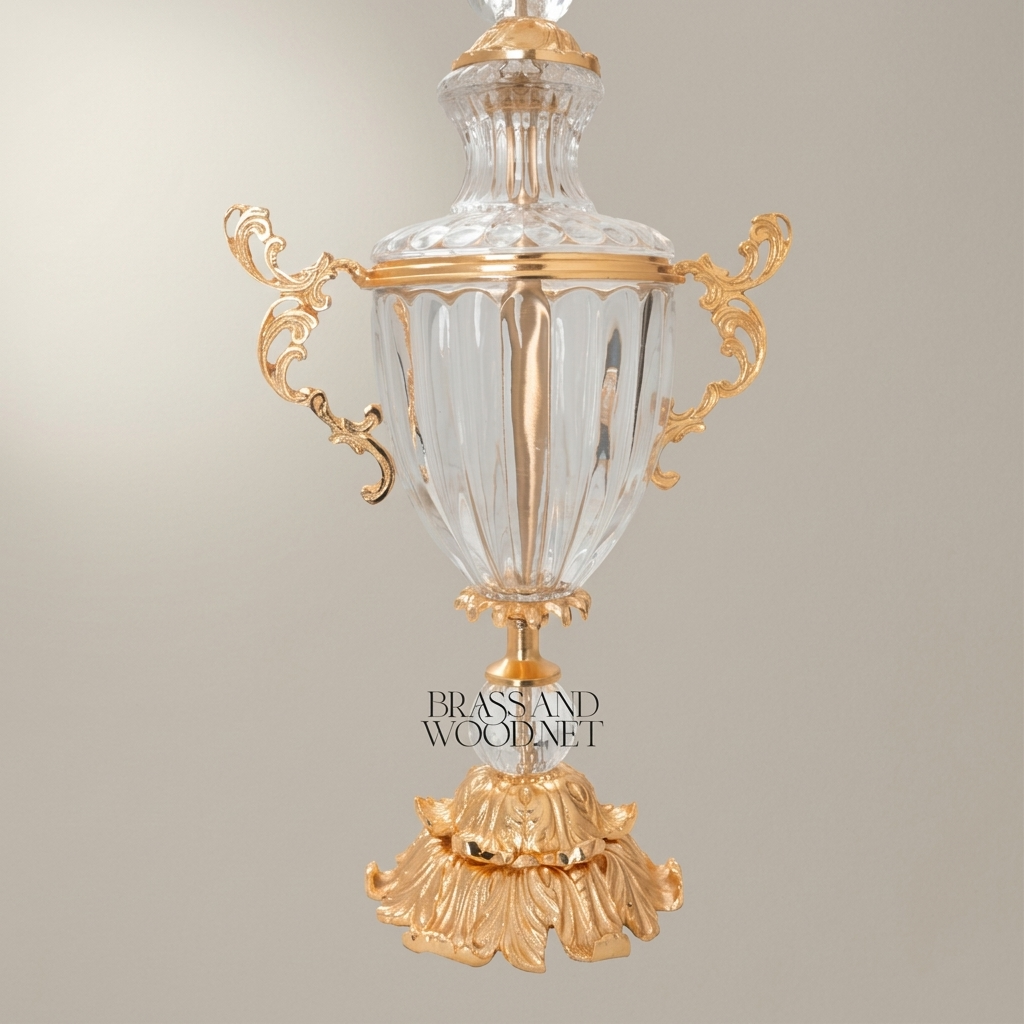 Rococo Crystal Urn Stand Clock with Acanthus Brass Frame & Faceted Crystal Body — Gold