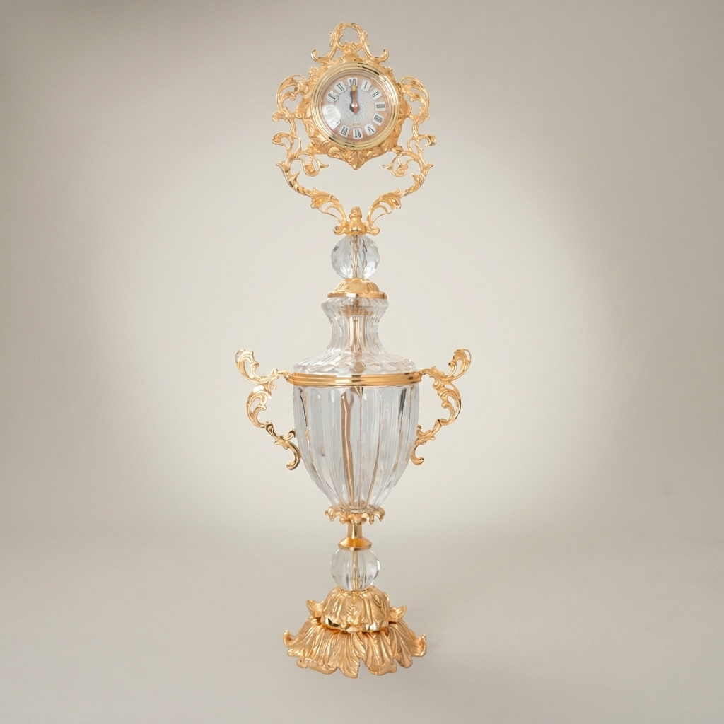 Rococo Crystal Urn Stand Clock with Acanthus Brass Frame & Faceted Crystal Body — Gold