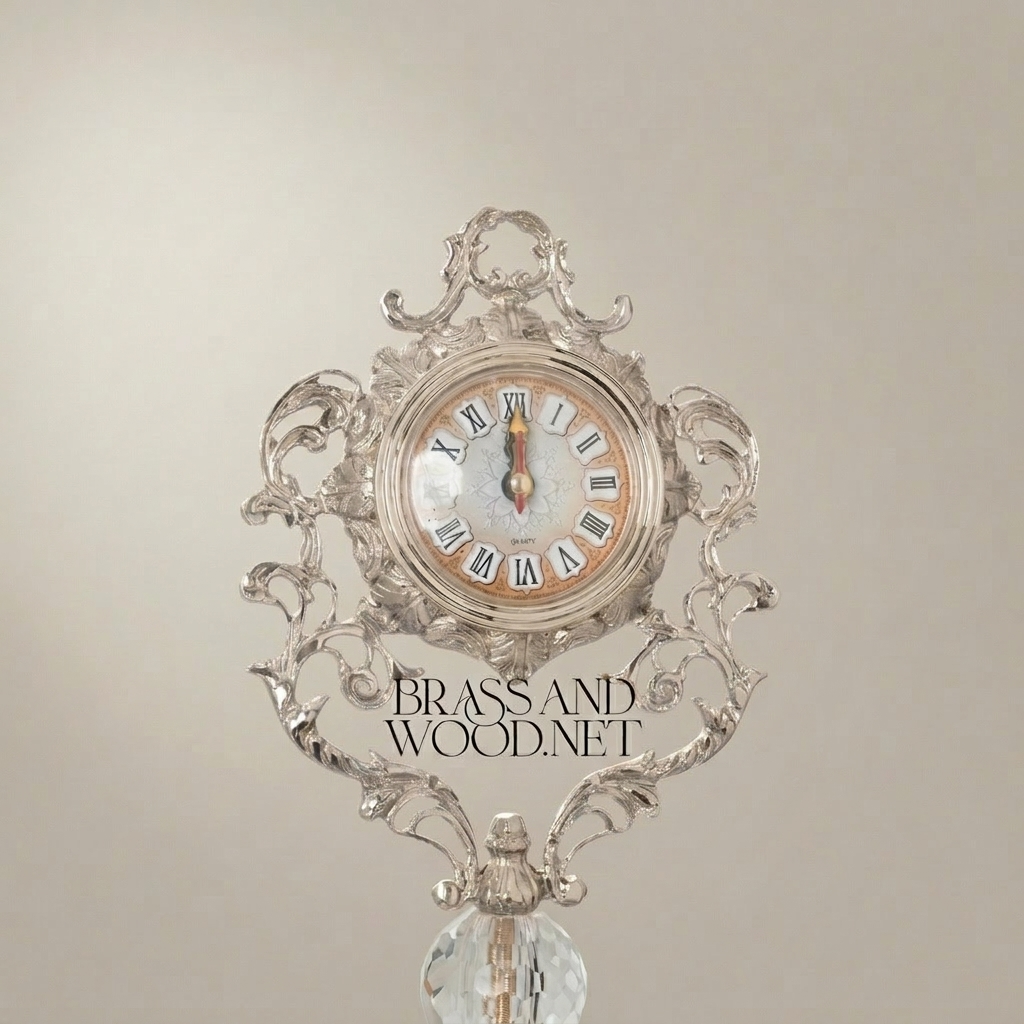 Rococo Crystal Urn Stand Clock with Acanthus Brass Frame & Faceted Crystal Body — Silver