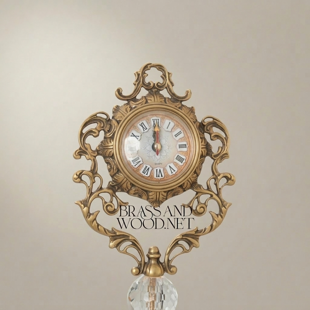 Rococo Crystal Urn Stand Clock with Acanthus Brass Frame & Faceted Crystal Body — Antique Gold