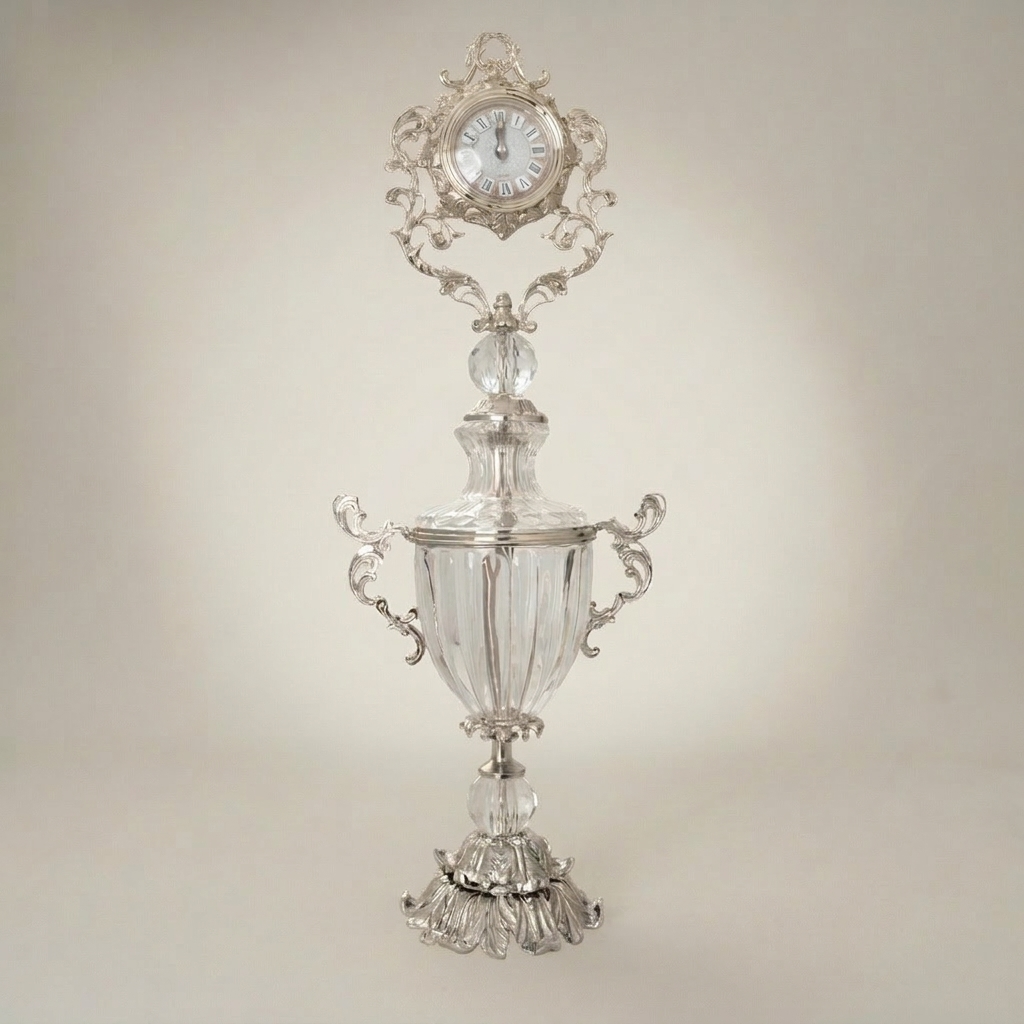 Rococo Crystal Urn Stand Clock with Acanthus Brass Frame & Faceted Crystal Body — Silver