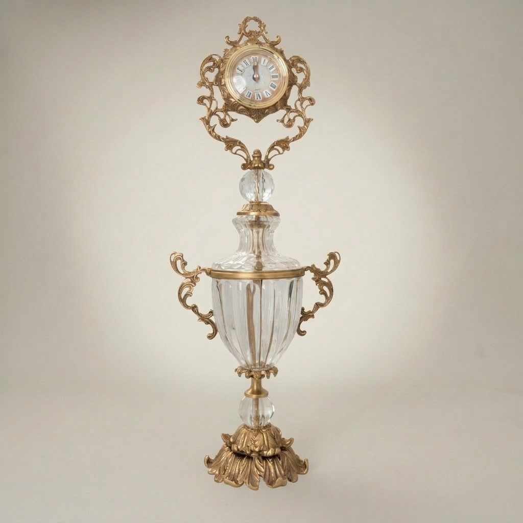Rococo Crystal Urn Stand Clock with Acanthus Brass Frame & Faceted Crystal Body — Antique Gold