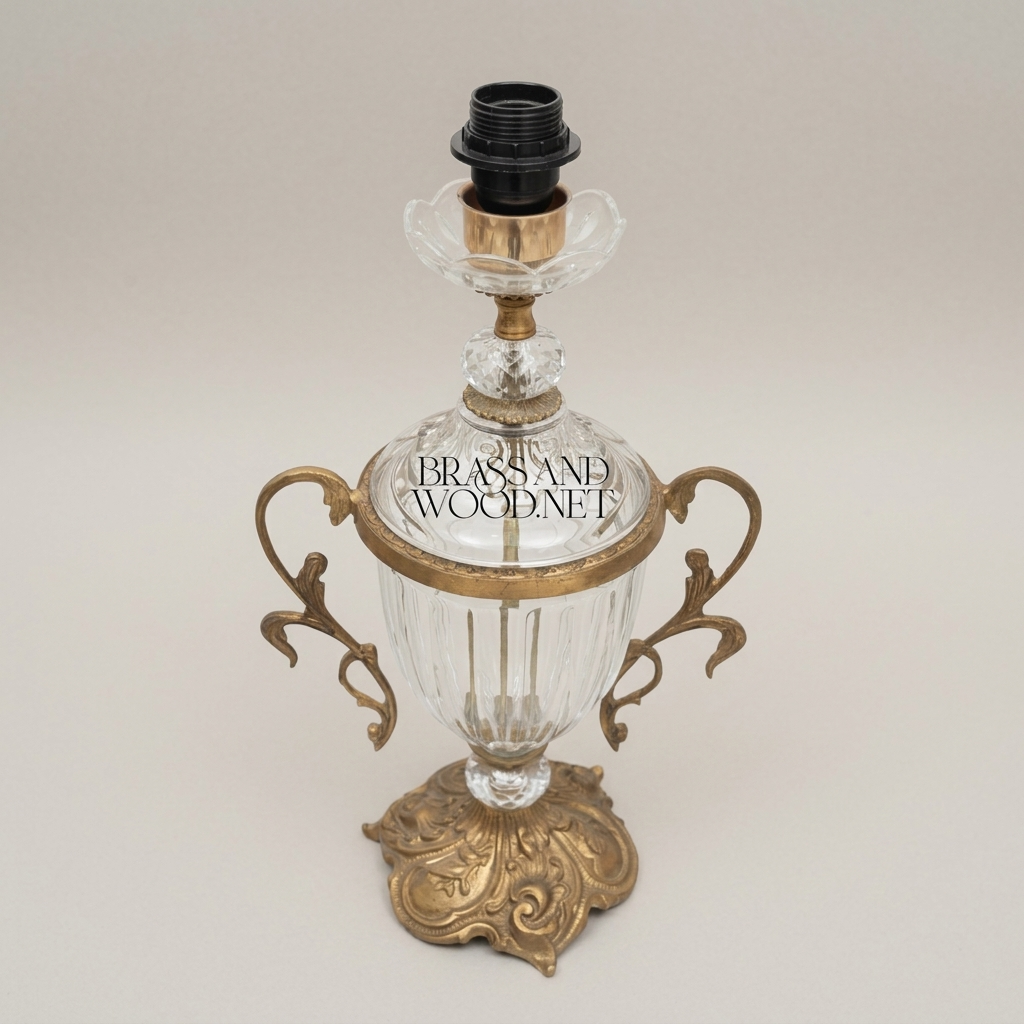 Rococo Crystal Urn Table Lamp with Brass Scroll Handles — Antique Gold