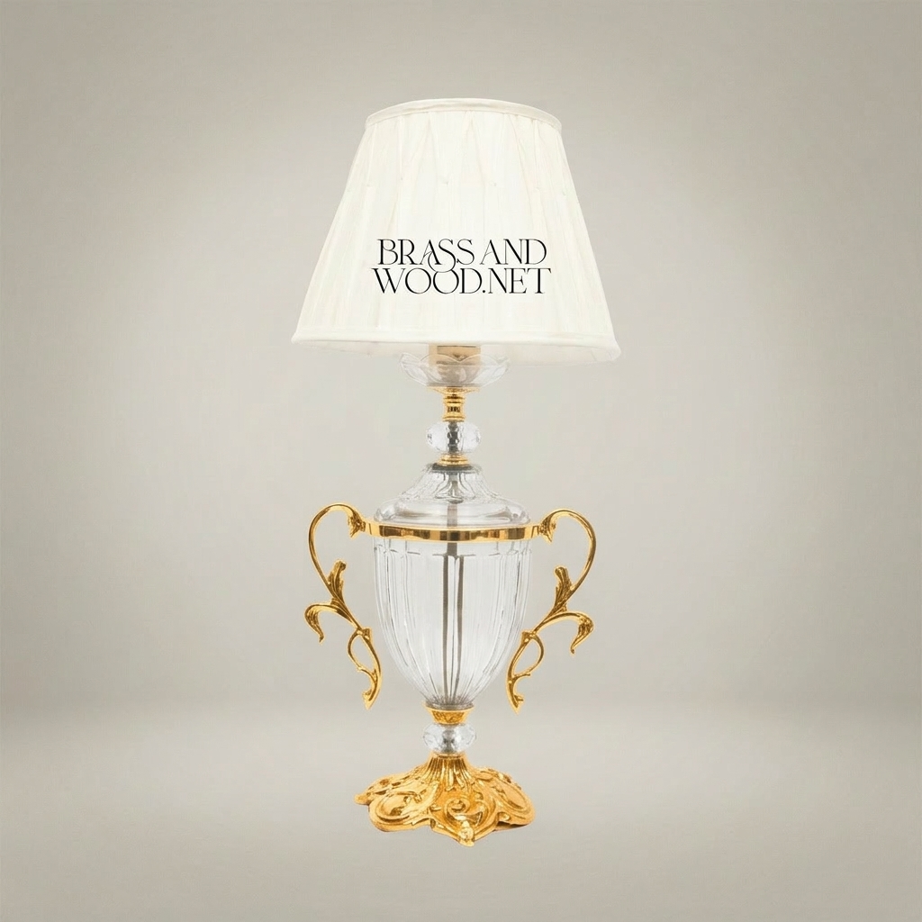 Rococo Crystal Urn Table Lamp with Brass Scroll Handles — Gold