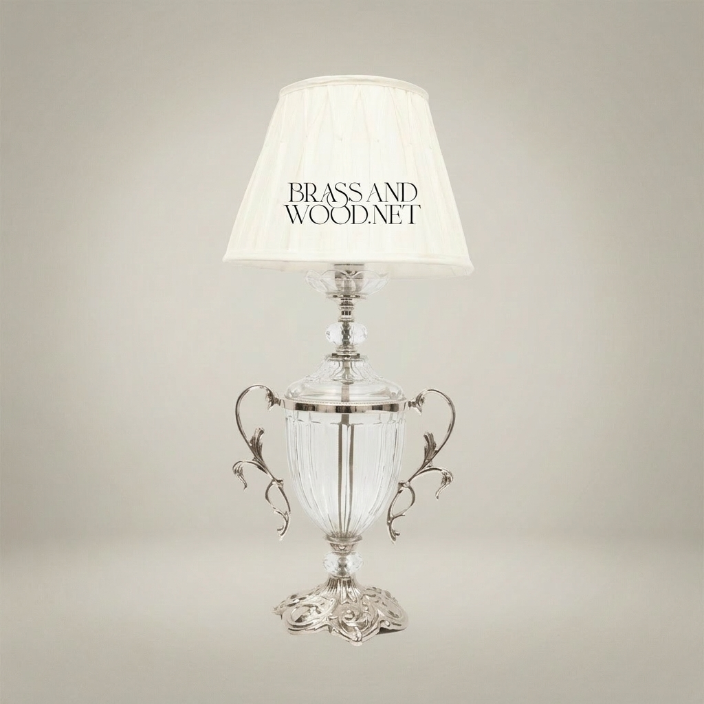 Rococo Crystal Urn Table Lamp with Brass Scroll Handles — Silver