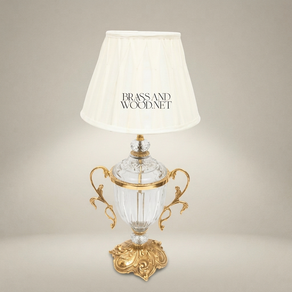 Rococo Crystal Urn Table Lamp with Brass Scroll Handles — Gold