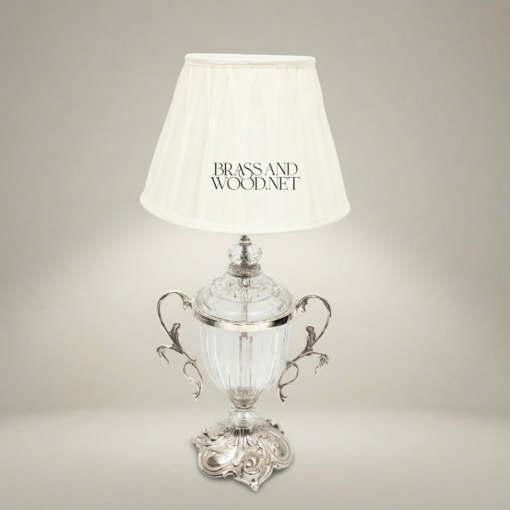 Rococo Crystal Urn Table Lamp with Brass Scroll Handles — Silver