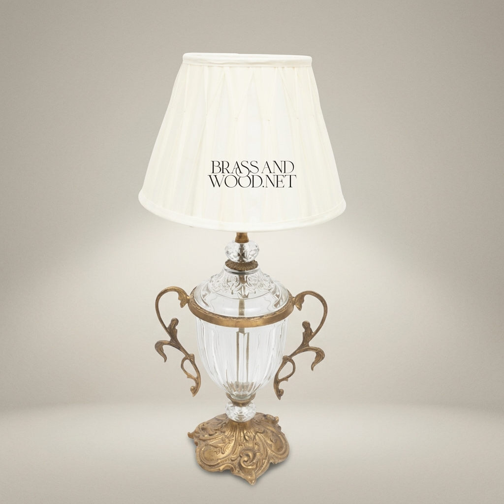 Rococo Crystal Urn Table Lamp with Brass Scroll Handles — Antique Gold