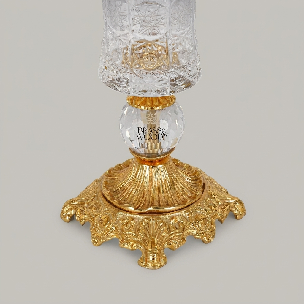 Rococo Crystal Vase with Brass Base & Rose Appliqué — Faceted Cut-Glass Trumpet Form — Gold