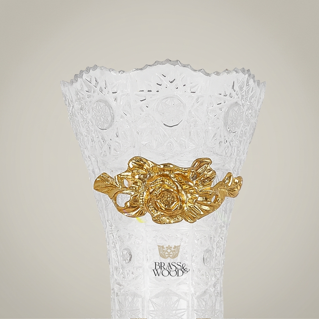 Rococo Crystal Vase with Brass Base & Rose Appliqué — Faceted Cut-Glass Trumpet Form
