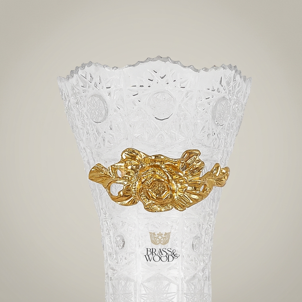 Rococo Crystal Vase with Brass Base & Rose Appliqué — Faceted Cut-Glass Trumpet Form — Gold