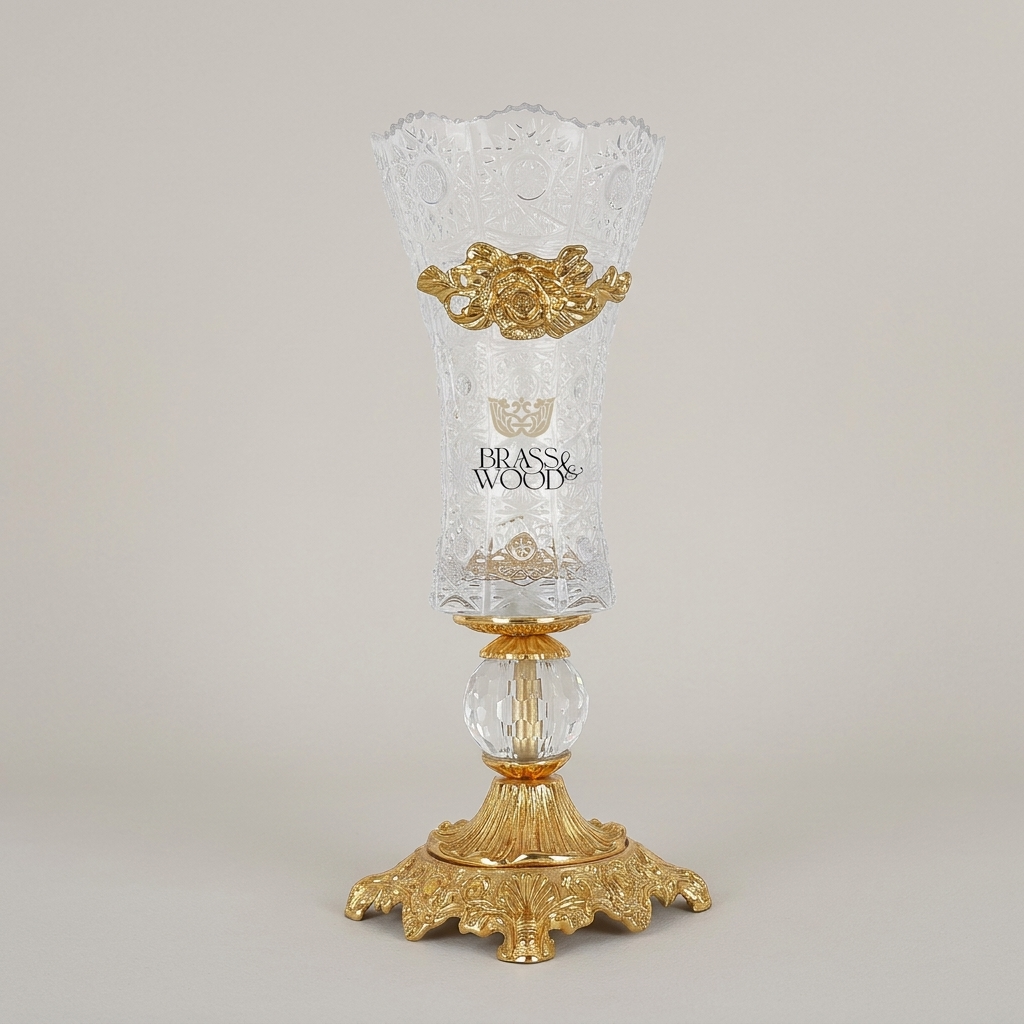 Rococo Crystal Vase with Brass Base & Rose Appliqué — Faceted Cut-Glass Trumpet Form — Gold
