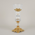 Rococo Crystal Vase with Brass Base & Rose Appliqué — Faceted Cut-Glass Trumpet Form — Gold