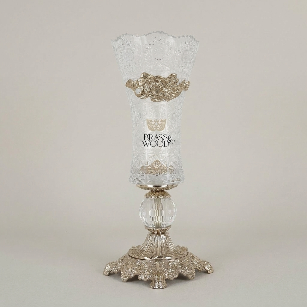 Rococo Crystal Vase with Brass Base & Rose Appliqué — Faceted Cut-Glass Trumpet Form — Silver