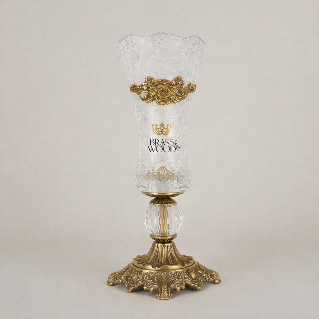 Rococo Crystal Vase with Brass Base & Rose Appliqué — Faceted Cut-Glass Trumpet Form — Antique Gold