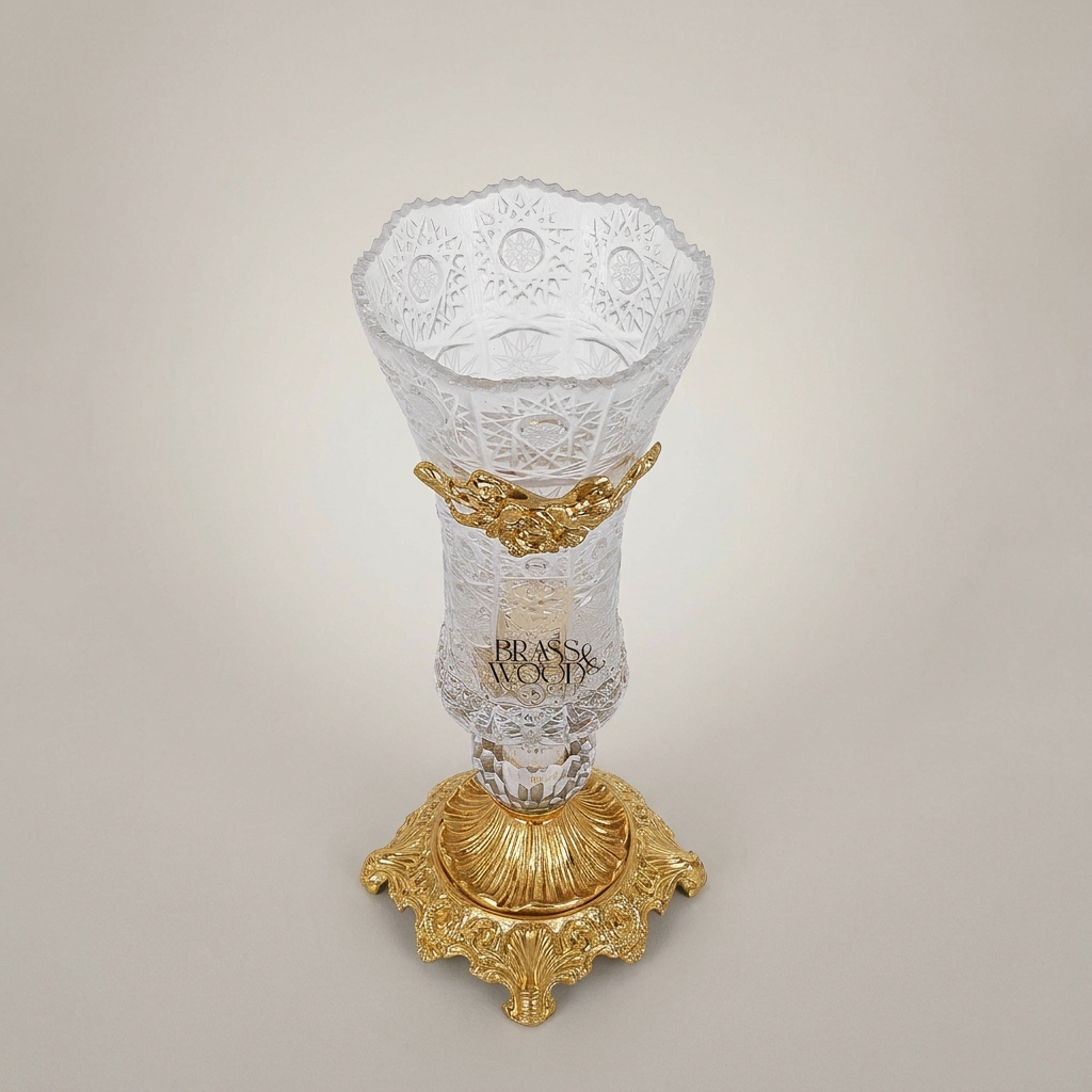 Rococo Crystal Vase with Brass Base & Rose Appliqué — Faceted Cut-Glass Trumpet Form — Gold