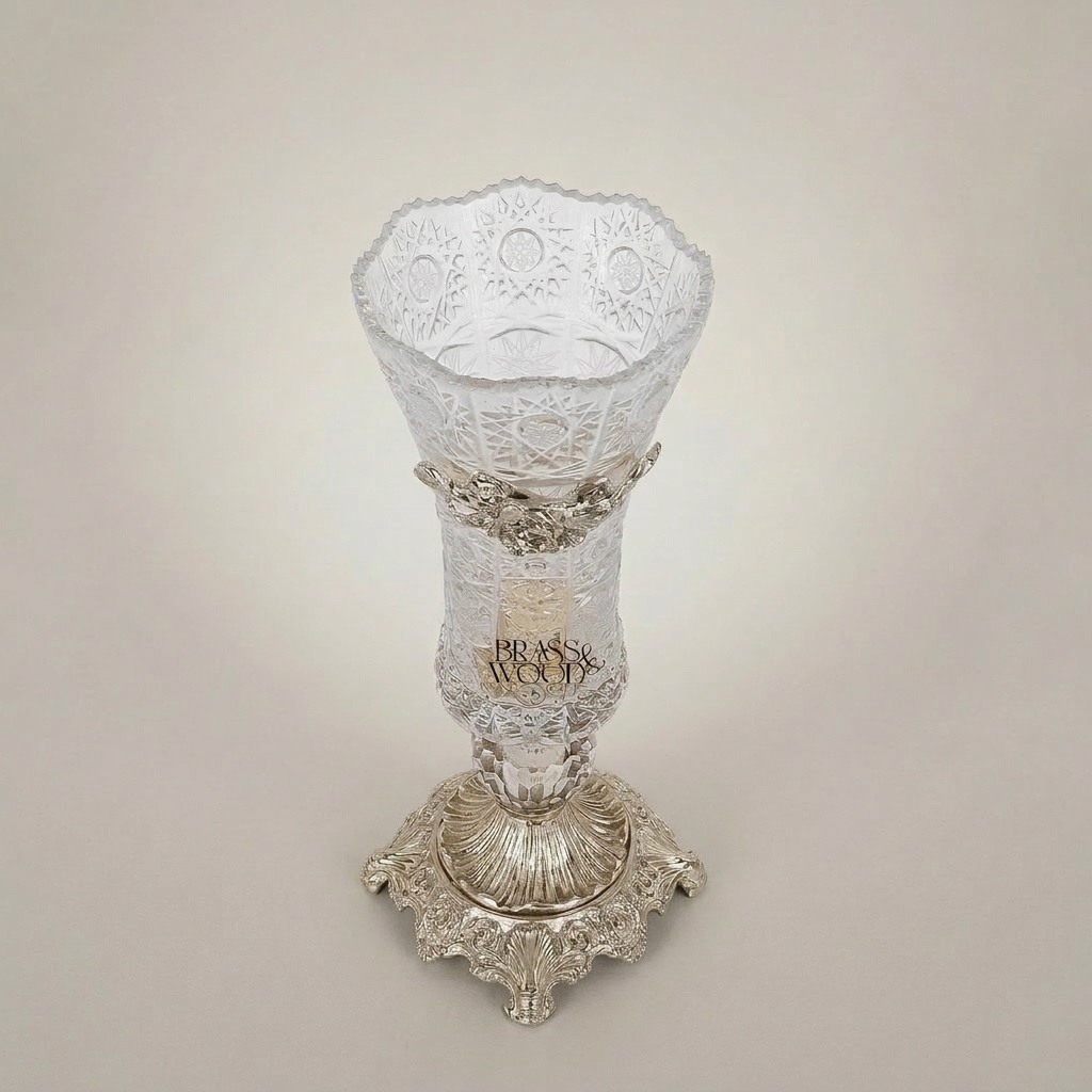 Rococo Crystal Vase with Brass Base & Rose Appliqué — Faceted Cut-Glass Trumpet Form — Silver