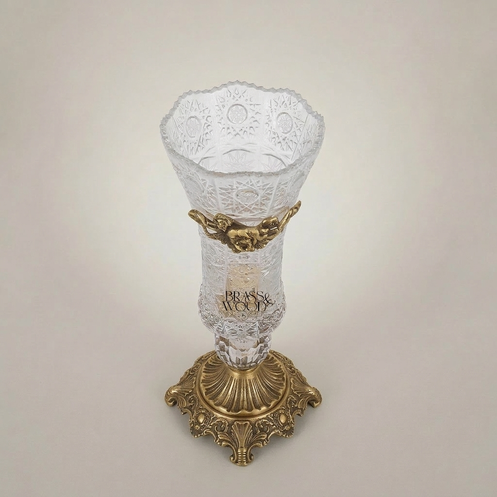 Rococo Crystal Vase with Brass Base & Rose Appliqué — Faceted Cut-Glass Trumpet Form — Antique Gold