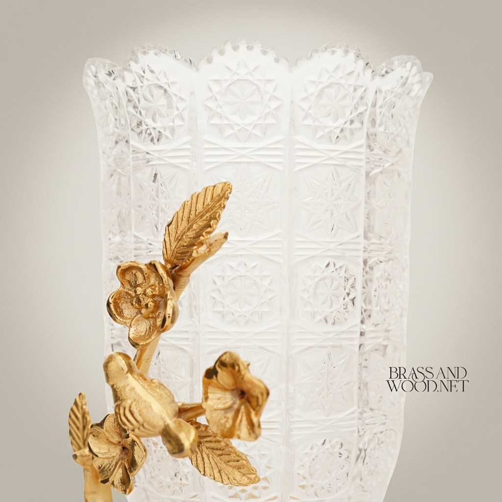 Rococo Crystal Vase with Brass Floral Bird Branch Sculptural Base — Gold