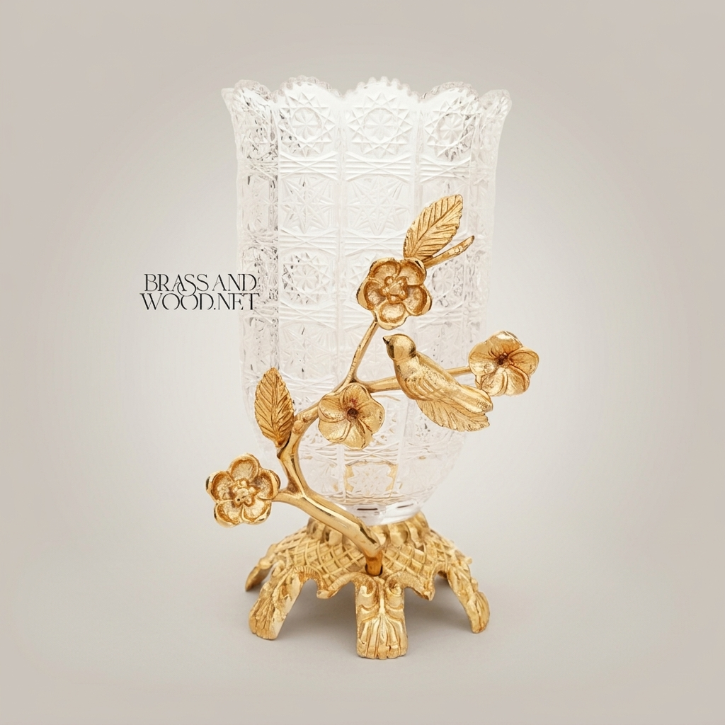 Rococo Crystal Vase with Brass Floral Bird Branch Sculptural Base