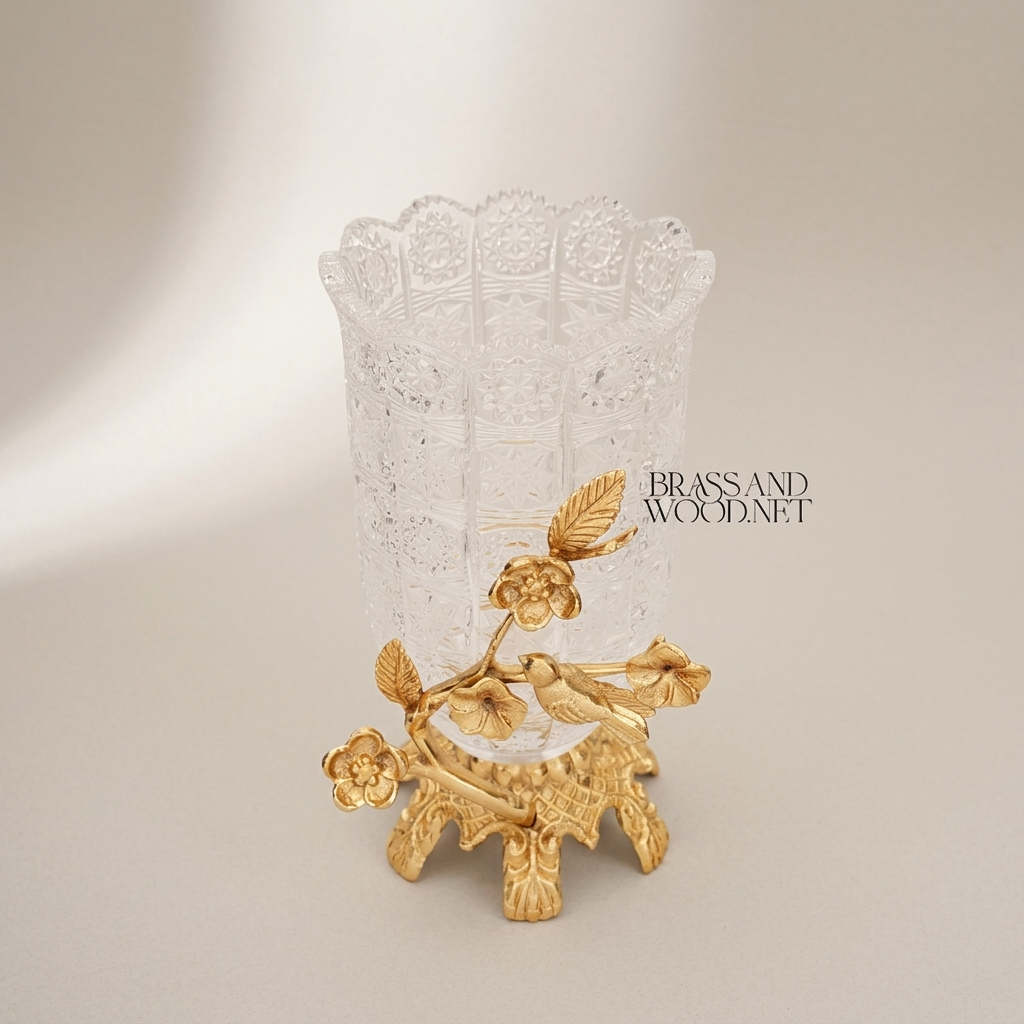 Rococo Crystal Vase with Brass Floral Bird Branch Sculptural Base