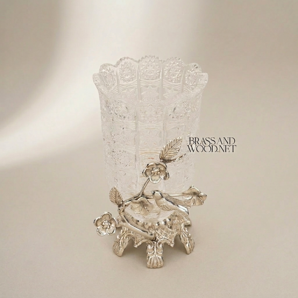 Rococo Crystal Vase with Brass Floral Bird Branch Sculptural Base — Silver
