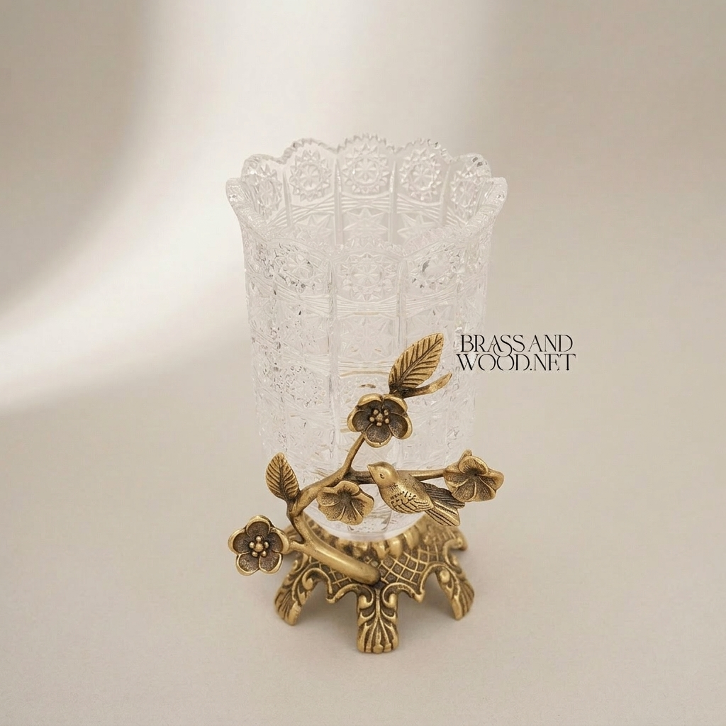 Rococo Crystal Vase with Brass Floral Bird Branch Sculptural Base — Antique Gold