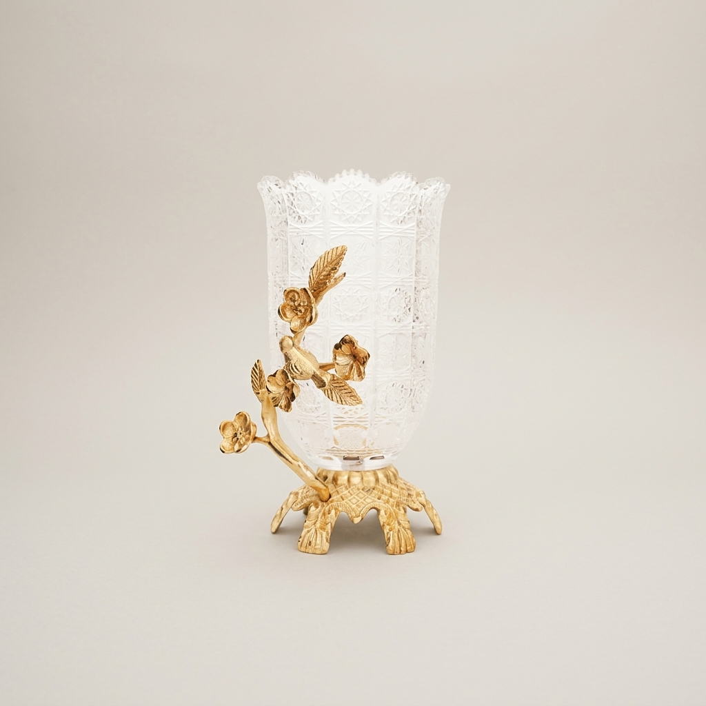 Rococo Crystal Vase with Brass Floral Bird Branch Sculptural Base — Gold