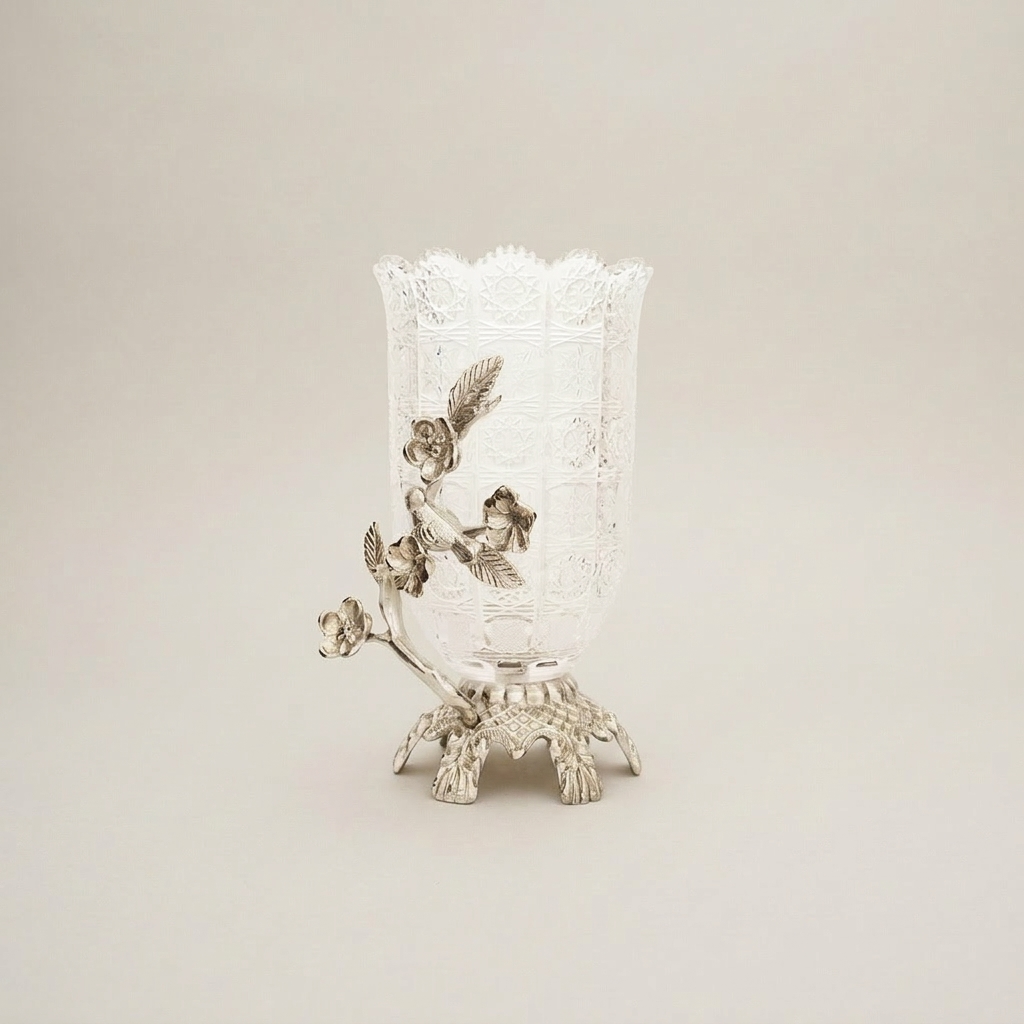 Rococo Crystal Vase with Brass Floral Bird Branch Sculptural Base — Silver