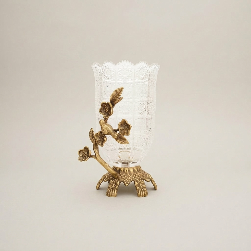 Rococo Crystal Vase with Brass Floral Bird Branch Sculptural Base — Antique Gold