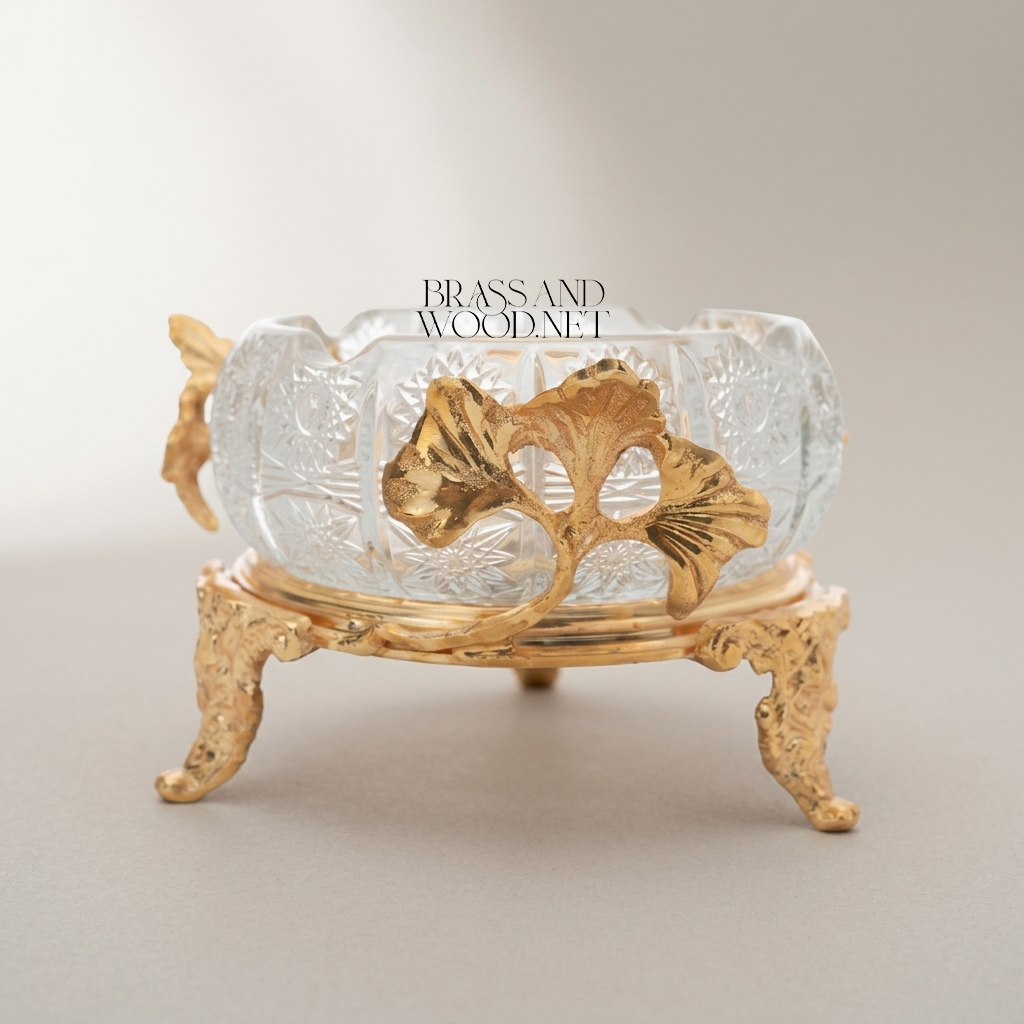 Rococo Cut-Crystal Ashtray with Ginkgo Leaf Brass Stand — Gold