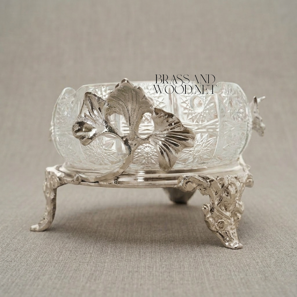 Rococo Cut-Crystal Ashtray with Ginkgo Leaf Brass Stand — Silver