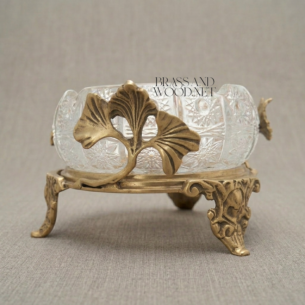 Rococo Cut-Crystal Ashtray with Ginkgo Leaf Brass Stand — Antique Gold